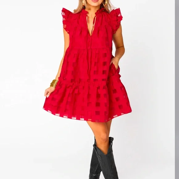 NWT Buddy Love Aubrey Ruffle Shoulder Short Dress - Ruby - XL - Picture 6 of 6